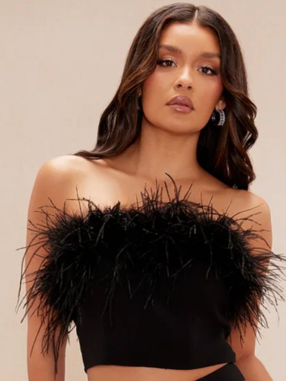Novaluxe Satin Black Bandeau Tube Top with Feathers Size Small